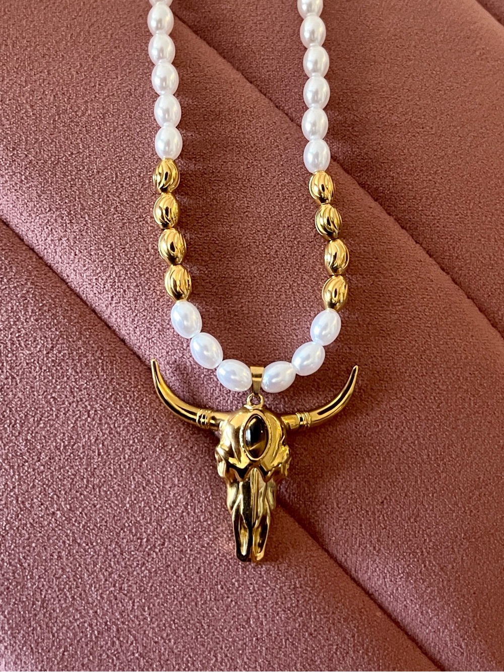 Gold Bull Skull Pendant Pearl & Bead Necklace - White and Gold
